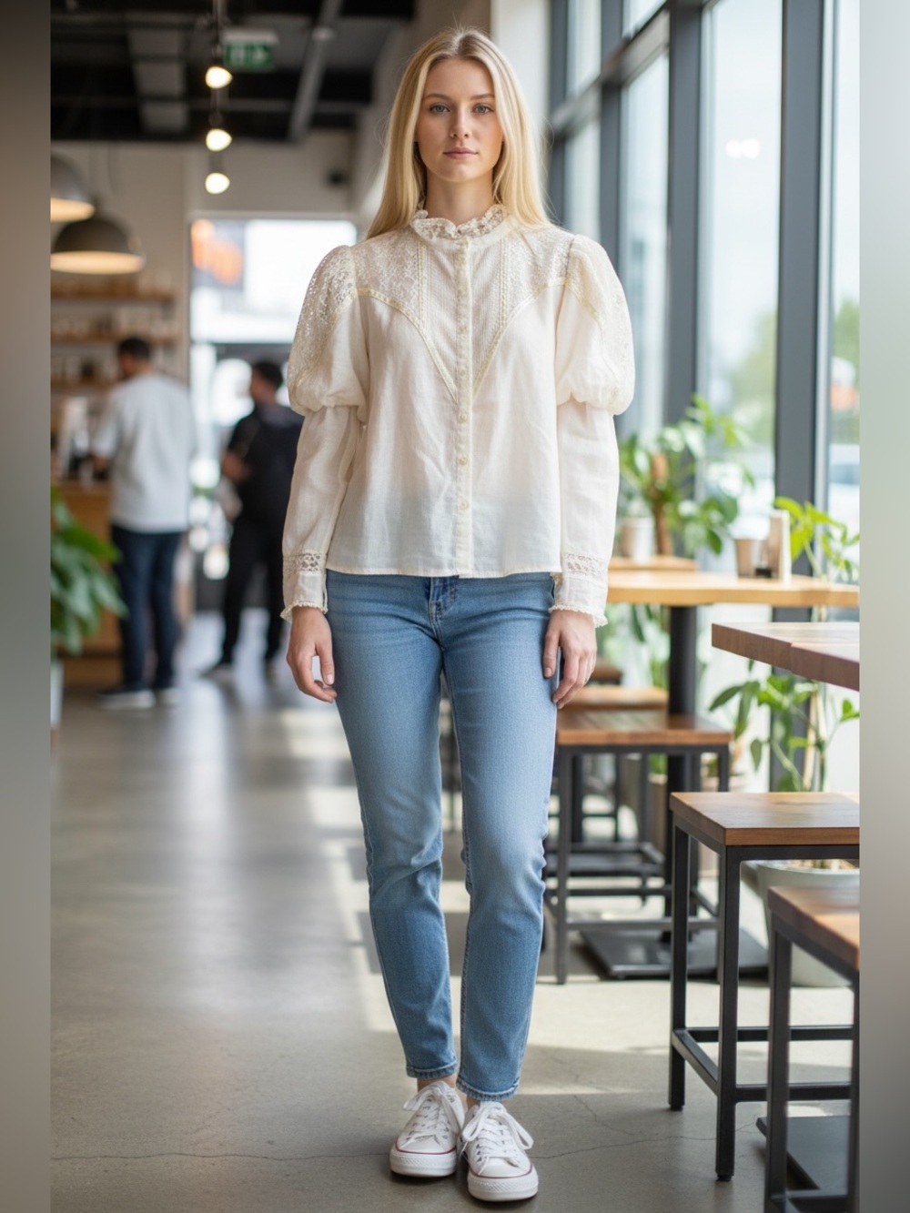 Vintage Cream Lace Yoke Puff Sleeve Prairie Blouse Ruffle Collar ptp 16.5